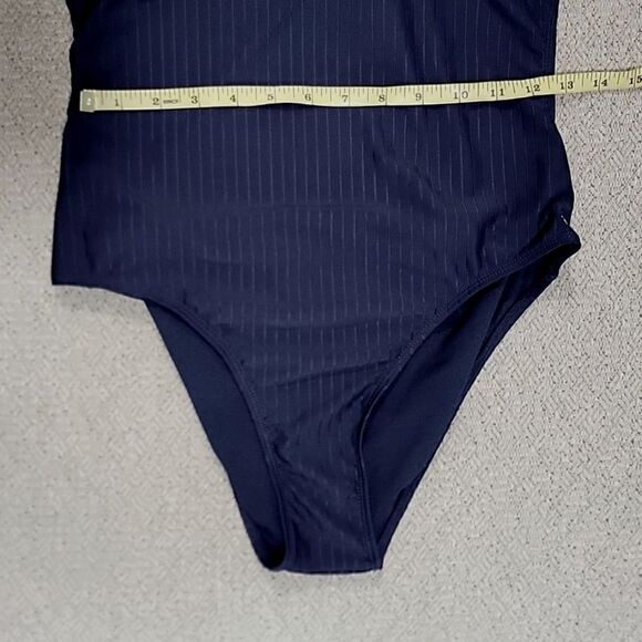 Nine West Solid Navy Blue Ribbed Tie Back One Piece Swimsuit - Size Large - Picture 10 of 15